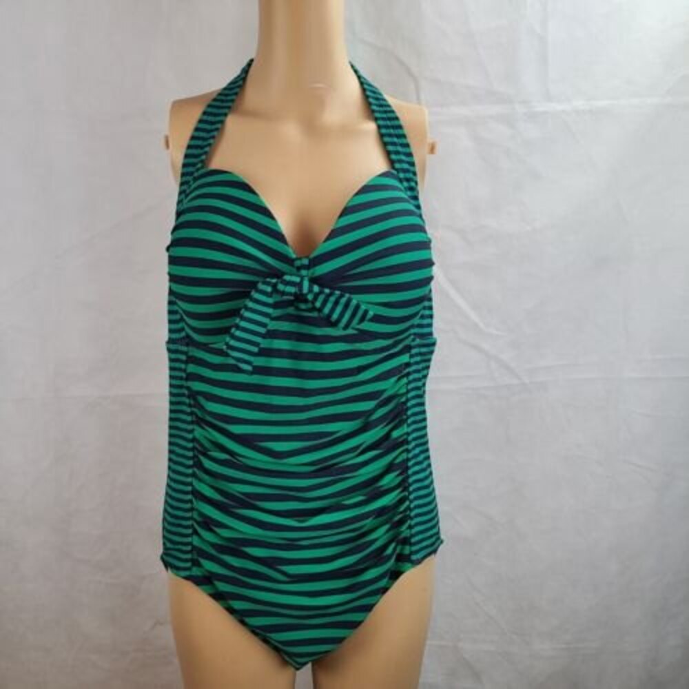 Merona Women's (XL) Blue & Green Striped Ruched Front Halter One Piece Swimsuit